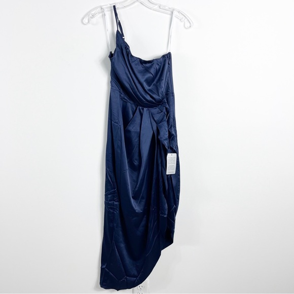 Lulus Law of Attraction Navy Blue One-Shoulder Asymmetrical Midi Dress Size XS - Picture 2 of 5